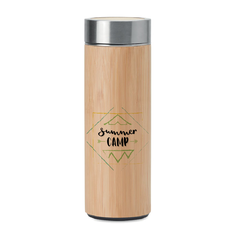 THERMOS 400 ml. IN ACCIAIO INOX DOPPIO STRATO C.ISOLANTE E RIVESTIMENTO IN BAMBOO E INFUSORE PER THEdiam.cm.6,5XH20 ART. BC440