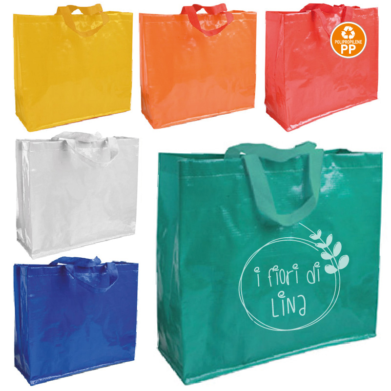 SHOPPER IN POLIPROPILENE LAMINATO CON SOFFIETTO MANICI CORTI cm.45x40x18 ART. RA860